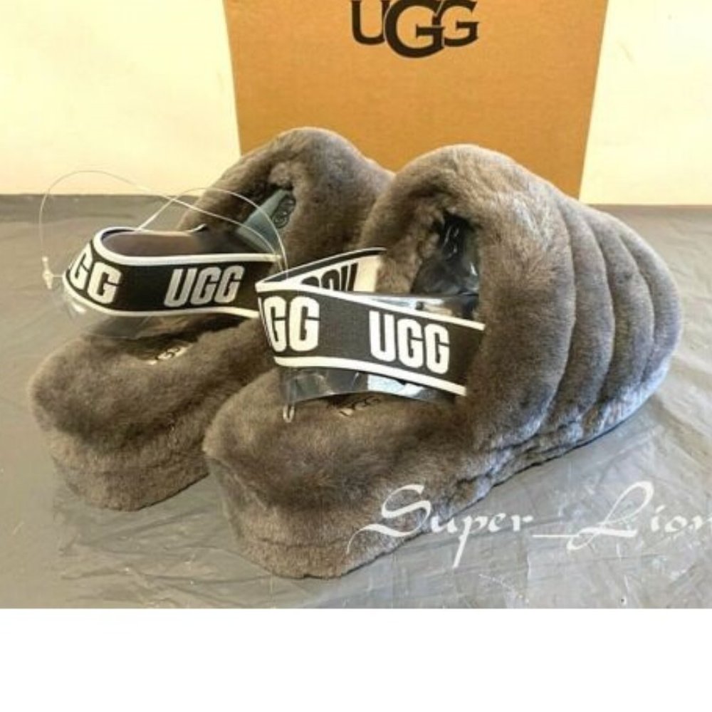 NEW UGG Women's Fluff Yeah Slide Sandals 1095119 Charcoal - Picture 3 of 7